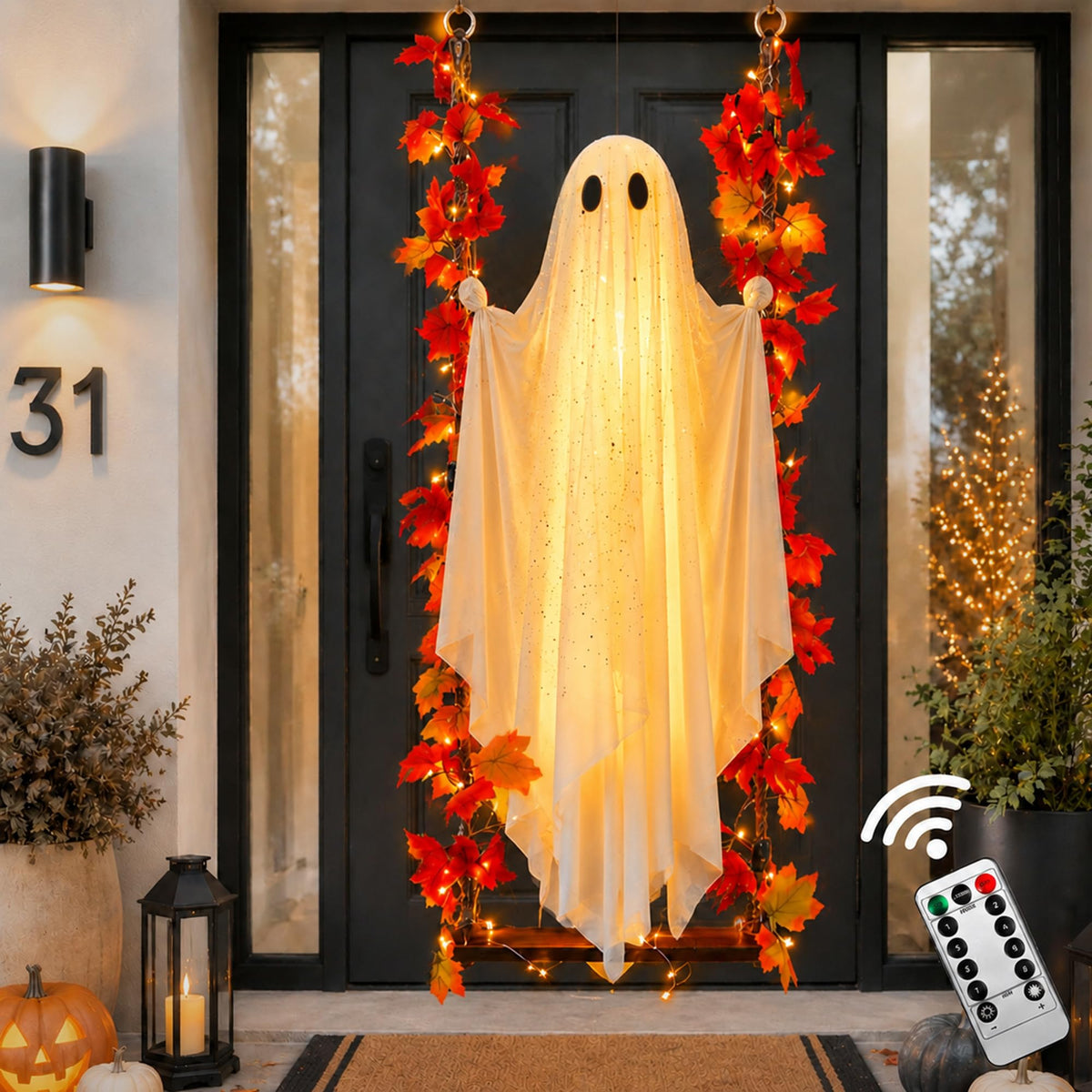 2Packs Halloween Decorations Outdoor,Halloweens Party Decoration Indoor,59in Spooky Ghost with Remote Control String Lights,Halloween-Ghost Lights for Porches Yards Gardens Lawn