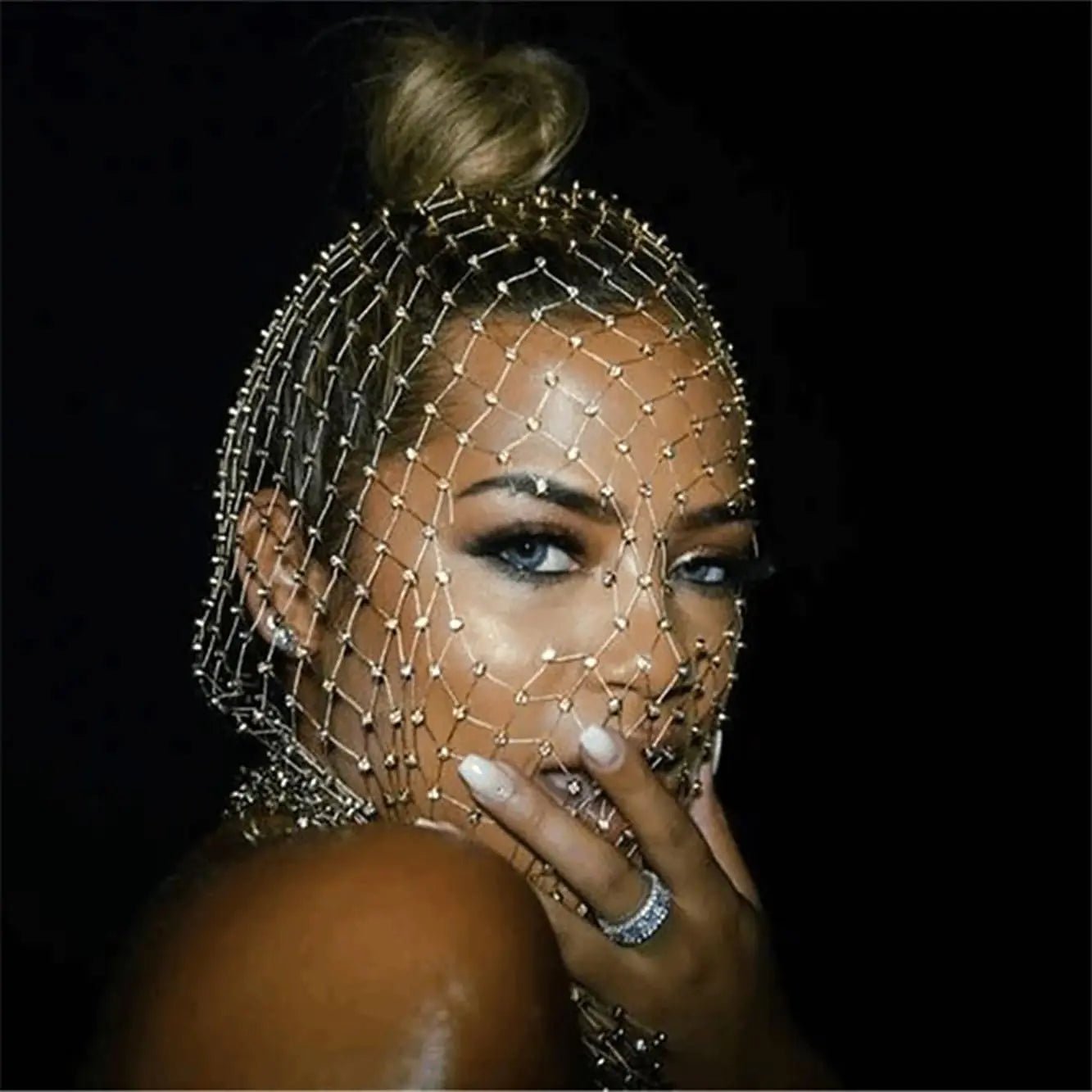 Rhinestone Mesh Mask Crystal Glitter Nightclub Headwear Women Halloween Accessories Rave Party Head Cover Body Jewelry - InstaWOW Shop
