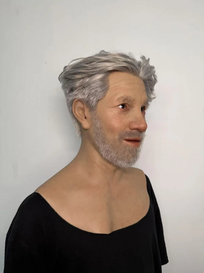Ultra Realistic Old Man Silicone Mask Full Head – Hyper Real Elderly Male Mask with White Hair & Beard