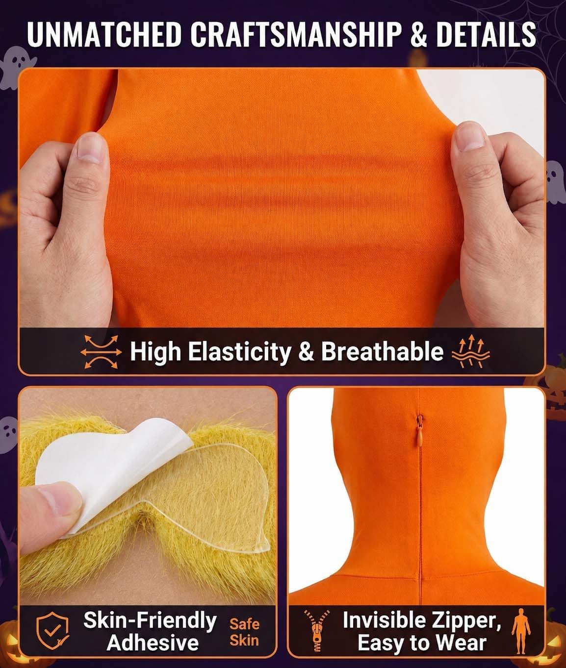 Orange Jumpsuit Halloween Costume with Inflatable Belly Yellow Mustache Eyebrows & Face Paint Cosplay Party Outfit