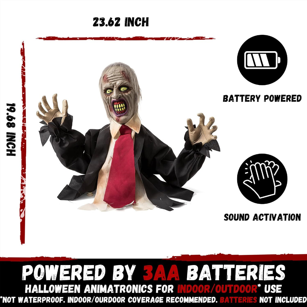 Halloween Decorations Animatronic Zombie Groundbreaker, Horror Animated Zombie Red Eyes Creepy Voice, Moving Head & Arms, Sound Activated Graveyard Porch Outdoor Haunted House Halloween Party Prop