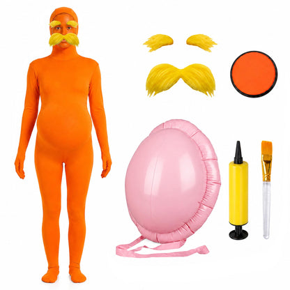 Orange Jumpsuit Halloween Costume with Inflatable Belly Yellow Mustache Eyebrows & Face Paint Cosplay Party Outfit