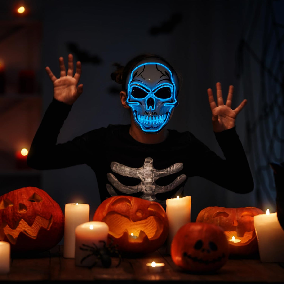 JOYIN Halloween LED Skull Mask with Light Up Gloves, Blue Scary Glow Up Skull and Glow in The Dark Skeleton Mask for Adult Men Women Halloween Cosplay Costume Accessories, Party Dress Up Prop