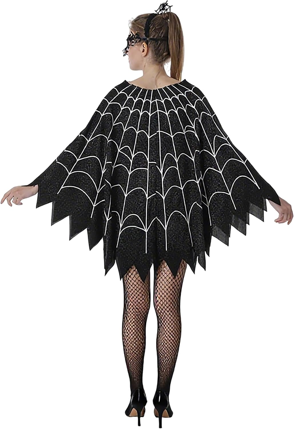 Spider Web Poncho for Women, Glow in the Dark Halloween Dress Cosplay Costume with Headband and Mask Outfit