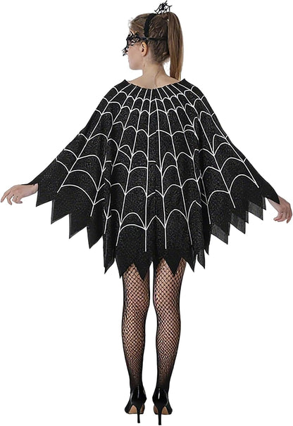 Spider Web Poncho for Women, Glow in the Dark Halloween Dress Cosplay Costume with Headband and Mask Outfit