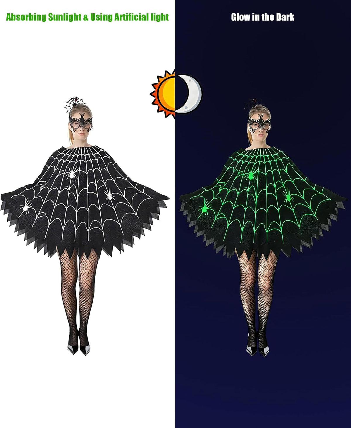 Spider Web Poncho for Women, Glow in the Dark Halloween Dress Cosplay Costume with Headband and Mask Outfit