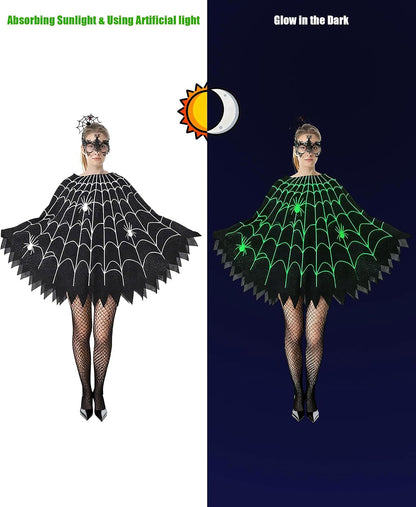 Spider Web Poncho for Women, Glow in the Dark Halloween Dress Cosplay Costume with Headband and Mask Outfit