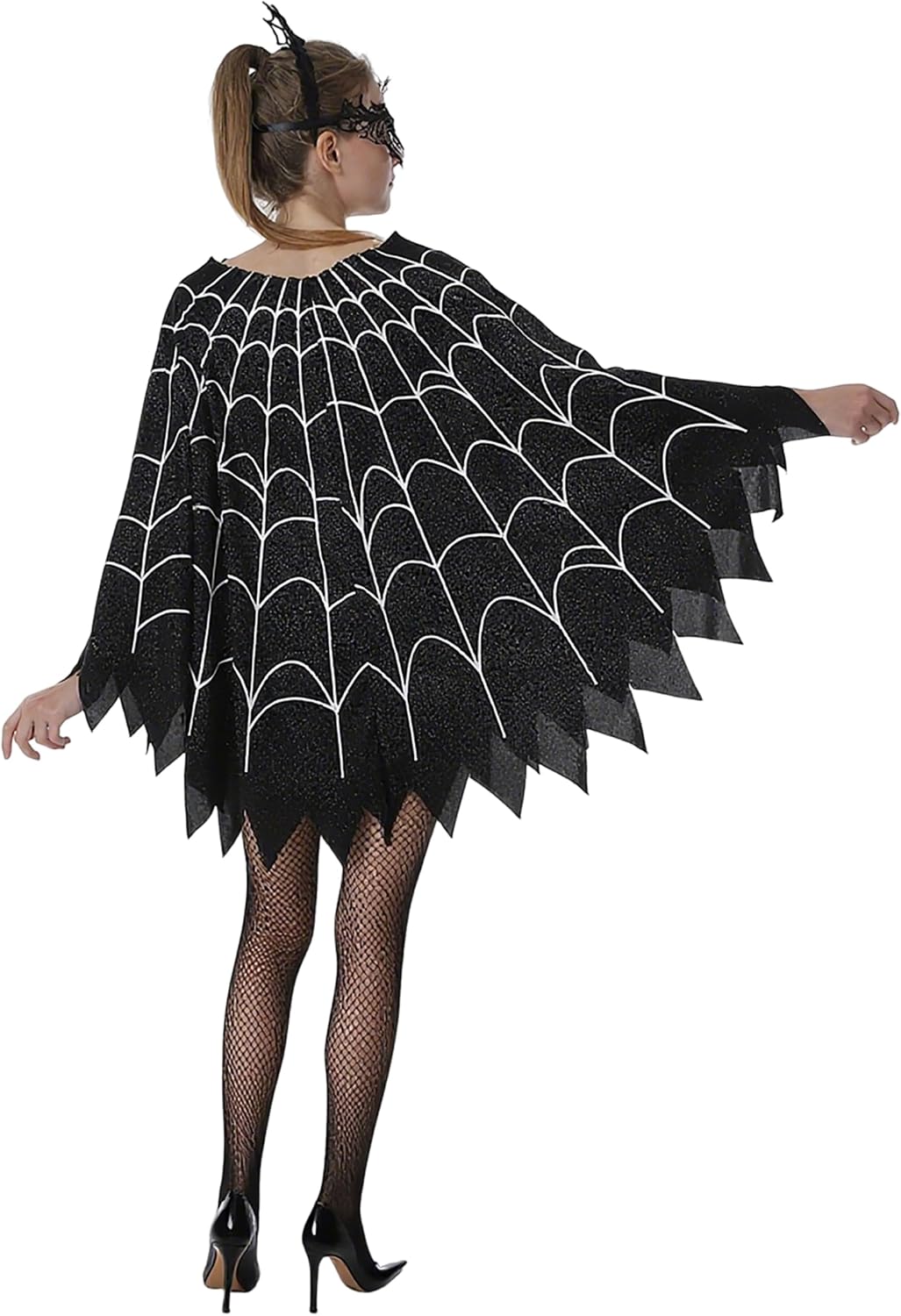 Spider Web Poncho for Women, Glow in the Dark Halloween Dress Cosplay Costume with Headband and Mask Outfit