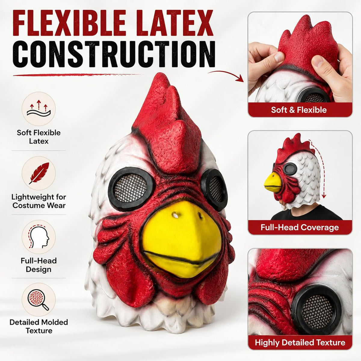 LEMOON Rooster Mask, Realistic Latex Chicken Head Costume for Adults, Red