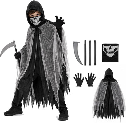QIMYGIFT Grim Reaper Cloak Ghost Costume for Kids, Scary Horror Tattered Halloween Cape with Mask Gloves & Toy Scythe Props