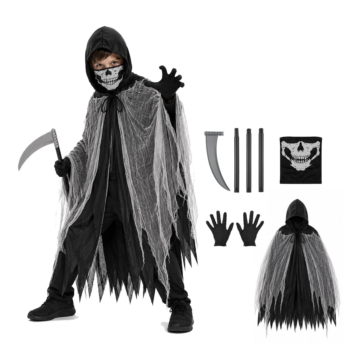 QIMYGIFT Grim Reaper Cloak Ghost Costume for Kids, Scary Horror Tattered Halloween Cape with Mask Gloves & Toy Scythe Props