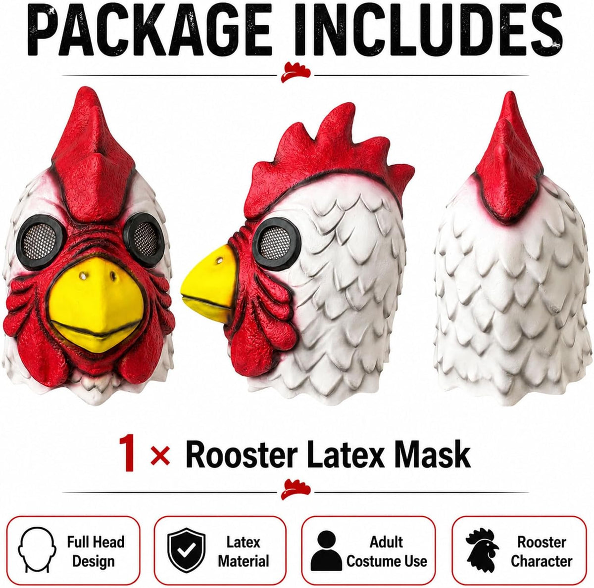 LEMOON Rooster Mask, Realistic Latex Chicken Head Costume for Adults, Red