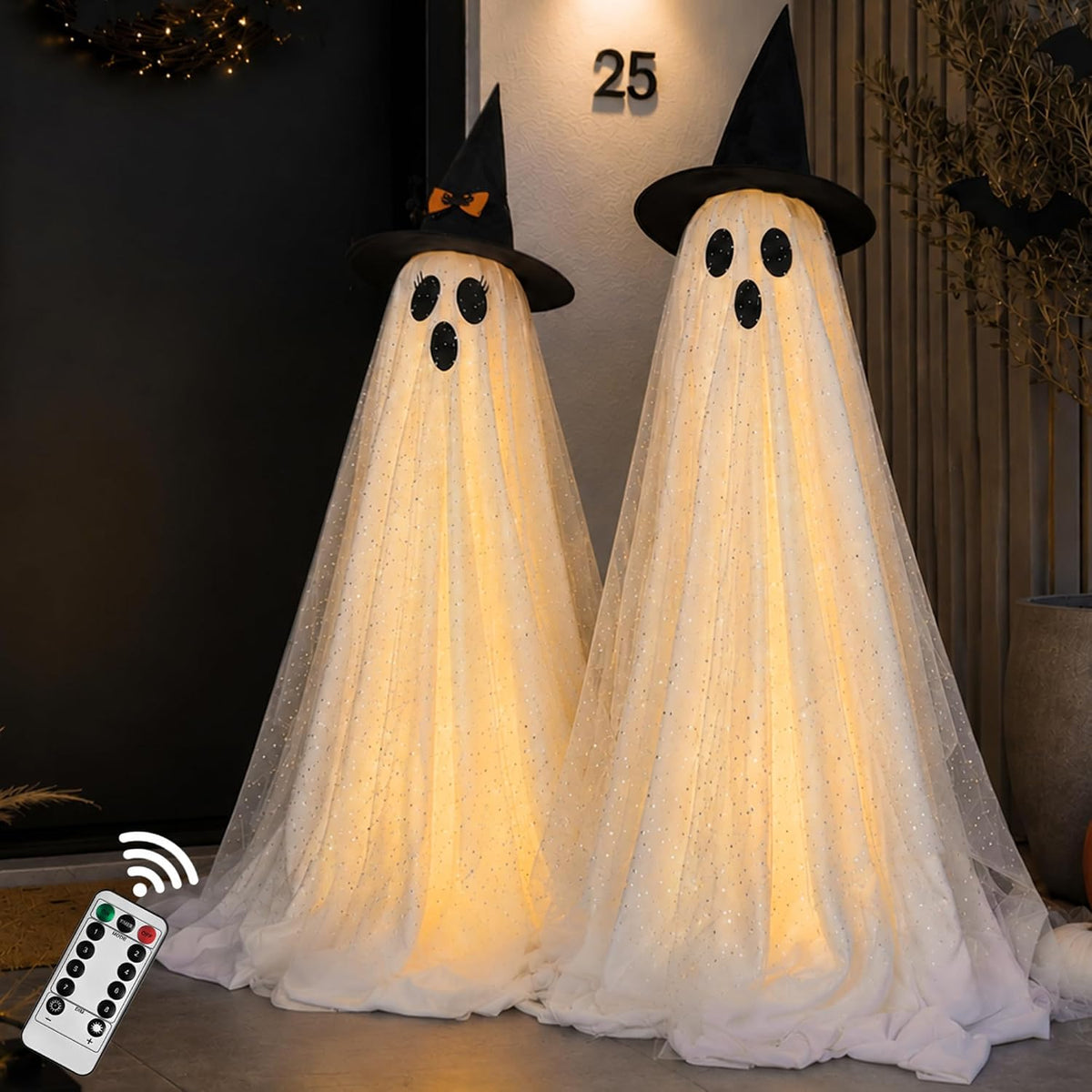 2Packs Halloween Decorations Outdoor,Halloweens Party Decoration Indoor,59in Spooky Ghost with Remote Control String Lights,Halloween-Ghost Lights for Porches Yards Gardens Lawn