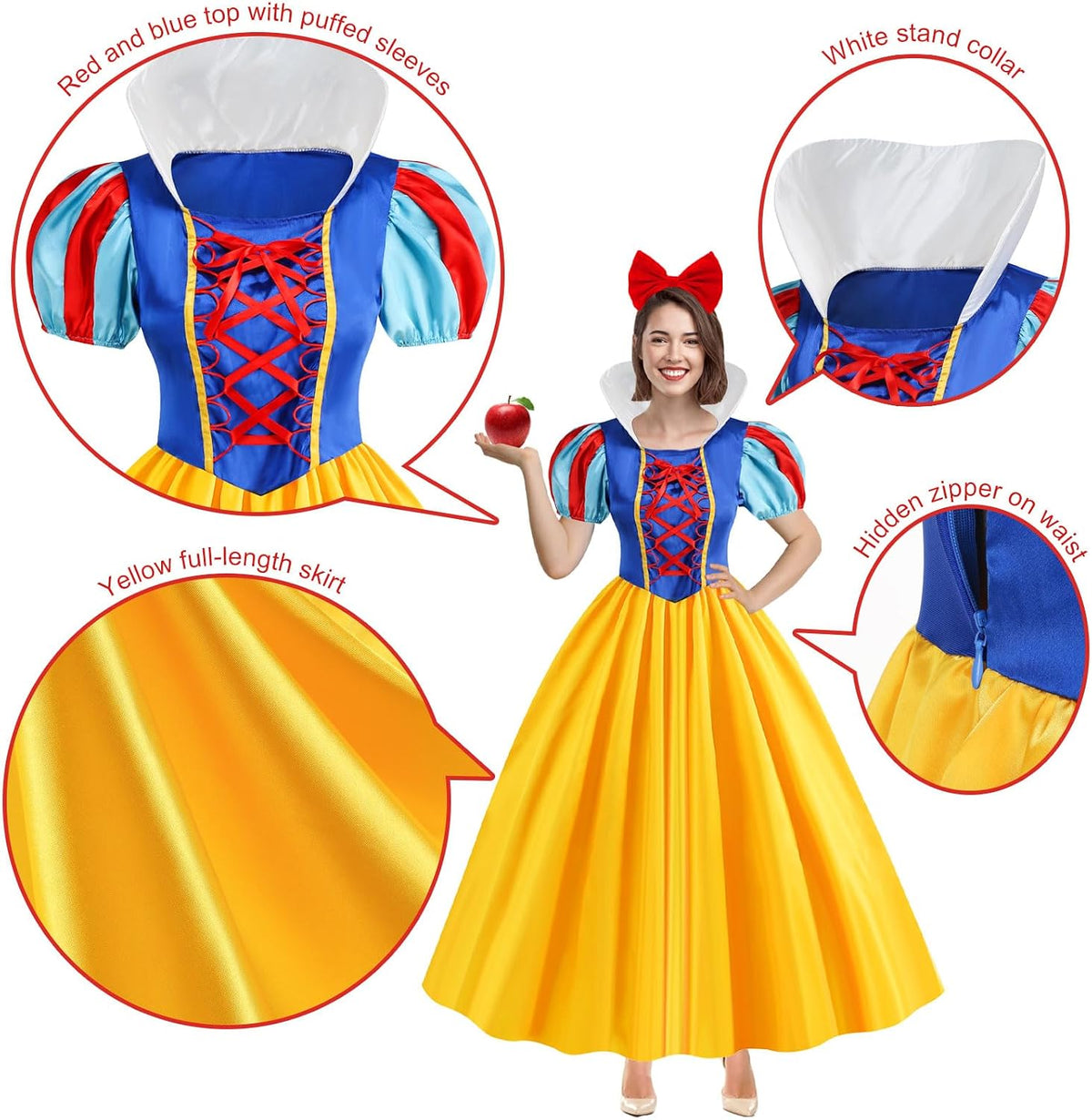 WISHTEN Princess Costume for Women,Adults Princess Dress with Headband, Halloween Costume Dress Up Outfit
