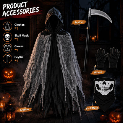 QIMYGIFT Grim Reaper Cloak Ghost Costume for Kids, Scary Horror Tattered Halloween Cape with Mask Gloves & Toy Scythe Props