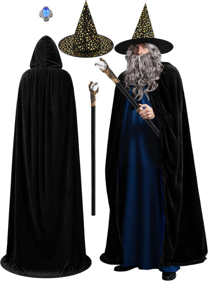 SOMSOC 5 PCS Adult Wizard Costume Set Halloween Wizard Hat Hooded Cloak Gray Wig Beard Wand Ring Cosplay Accessories for Man