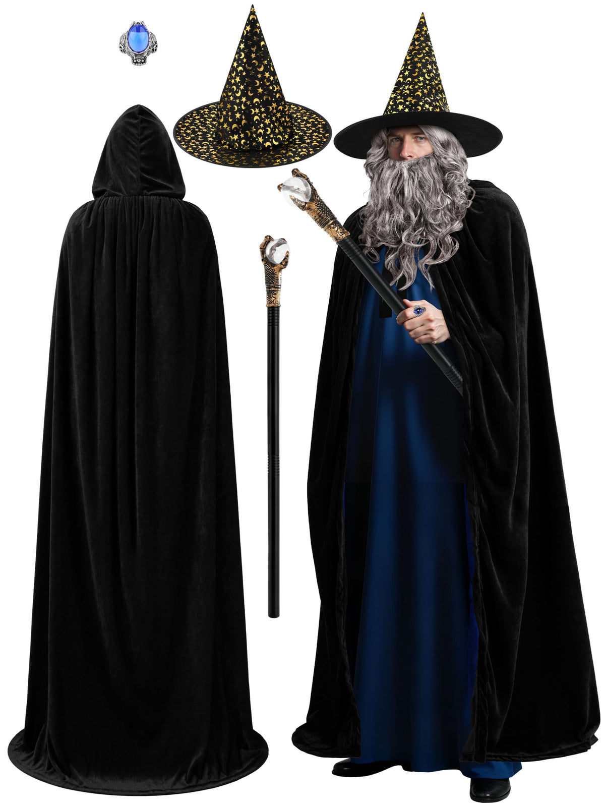 SOMSOC 5 PCS Adult Wizard Costume Set Halloween Wizard Hat Hooded Cloak Gray Wig Beard Wand Ring Cosplay Accessories for Man