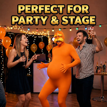 Orange Jumpsuit Halloween Costume with Inflatable Belly Yellow Mustache Eyebrows & Face Paint Cosplay Party Outfit
