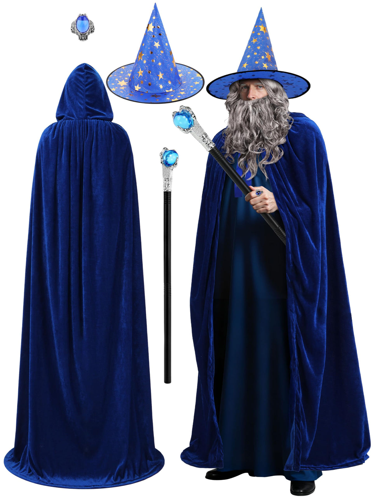 SOMSOC 5 PCS Adult Wizard Costume Set Halloween Wizard Hat Hooded Cloak Gray Wig Beard Wand Ring Cosplay Accessories for Man