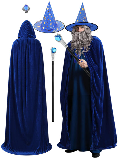 SOMSOC 5 PCS Adult Wizard Costume Set Halloween Wizard Hat Hooded Cloak Gray Wig Beard Wand Ring Cosplay Accessories for Man