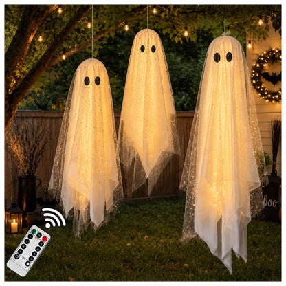 2Packs Halloween Decorations Outdoor,Halloweens Party Decoration Indoor,59in Spooky Ghost with Remote Control String Lights,Halloween-Ghost Lights for Porches Yards Gardens Lawn