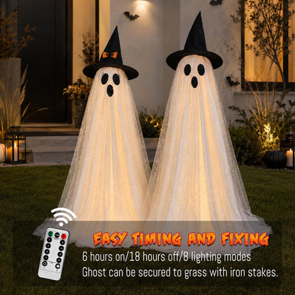 2Packs Halloween Decorations Outdoor,Halloweens Party Decoration Indoor,59in Spooky Ghost with Remote Control String Lights,Halloween-Ghost Lights for Porches Yards Gardens Lawn