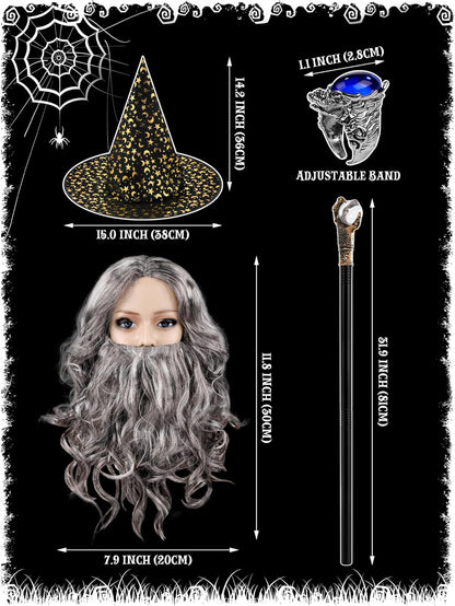 SOMSOC 5 PCS Adult Wizard Costume Set Halloween Wizard Hat Hooded Cloak Gray Wig Beard Wand Ring Cosplay Accessories for Man