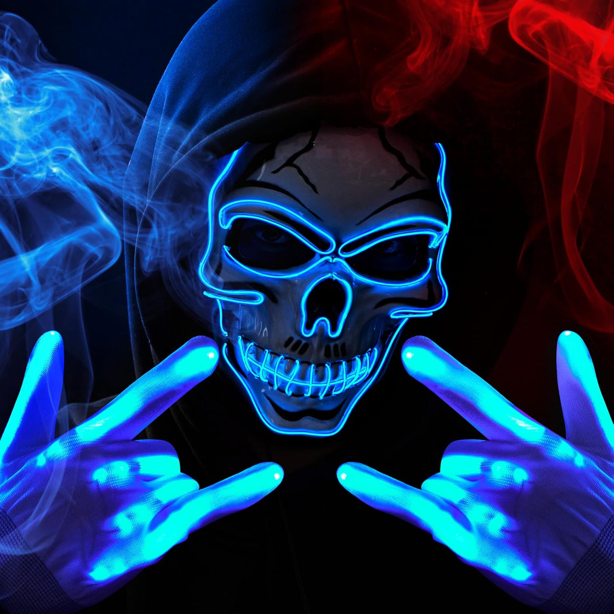 JOYIN Halloween LED Skull Mask with Light Up Gloves, Blue Scary Glow Up Skull and Glow in The Dark Skeleton Mask for Adult Men Women Halloween Cosplay Costume Accessories, Party Dress Up Prop
