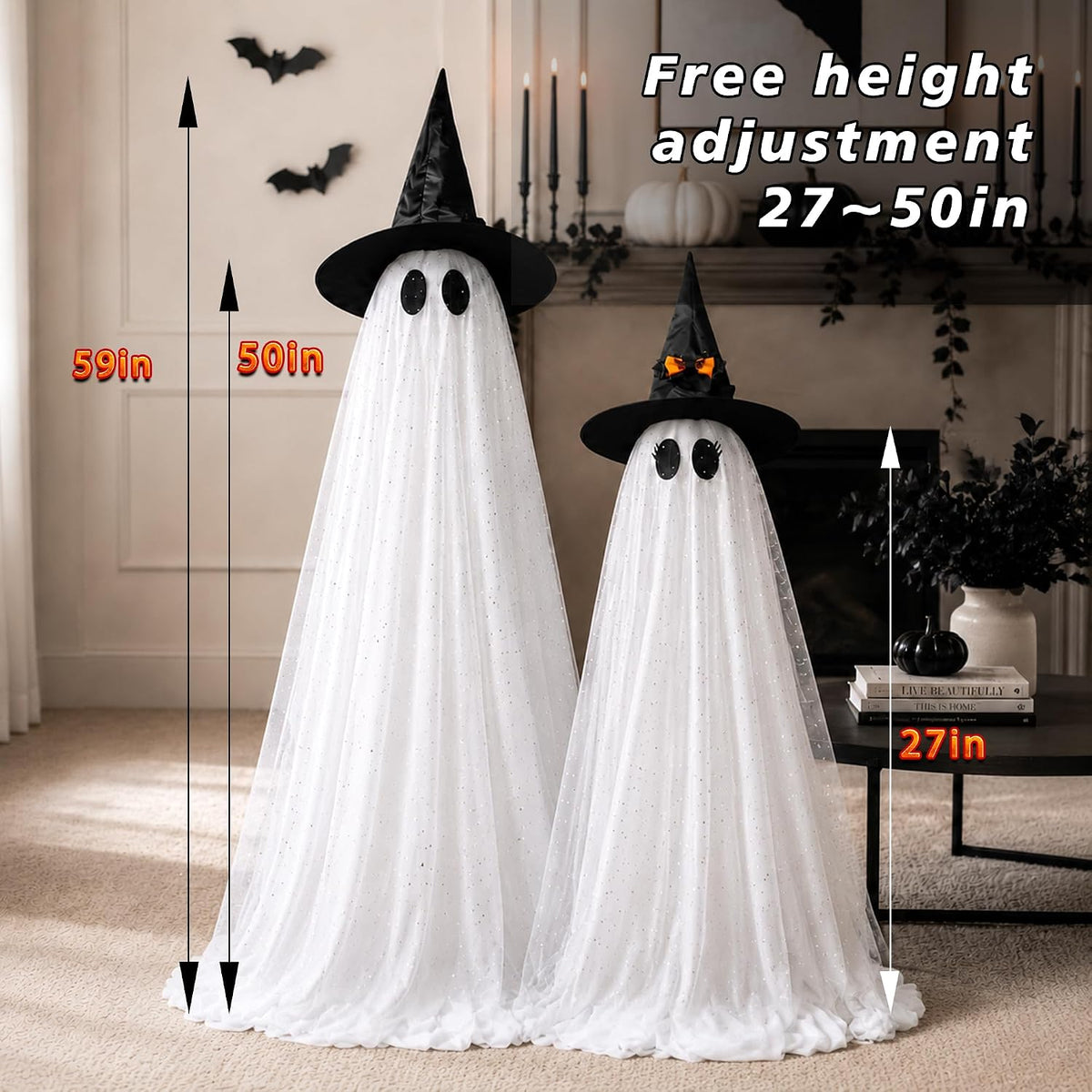 2Packs Halloween Decorations Outdoor,Halloweens Party Decoration Indoor,59in Spooky Ghost with Remote Control String Lights,Halloween-Ghost Lights for Porches Yards Gardens Lawn