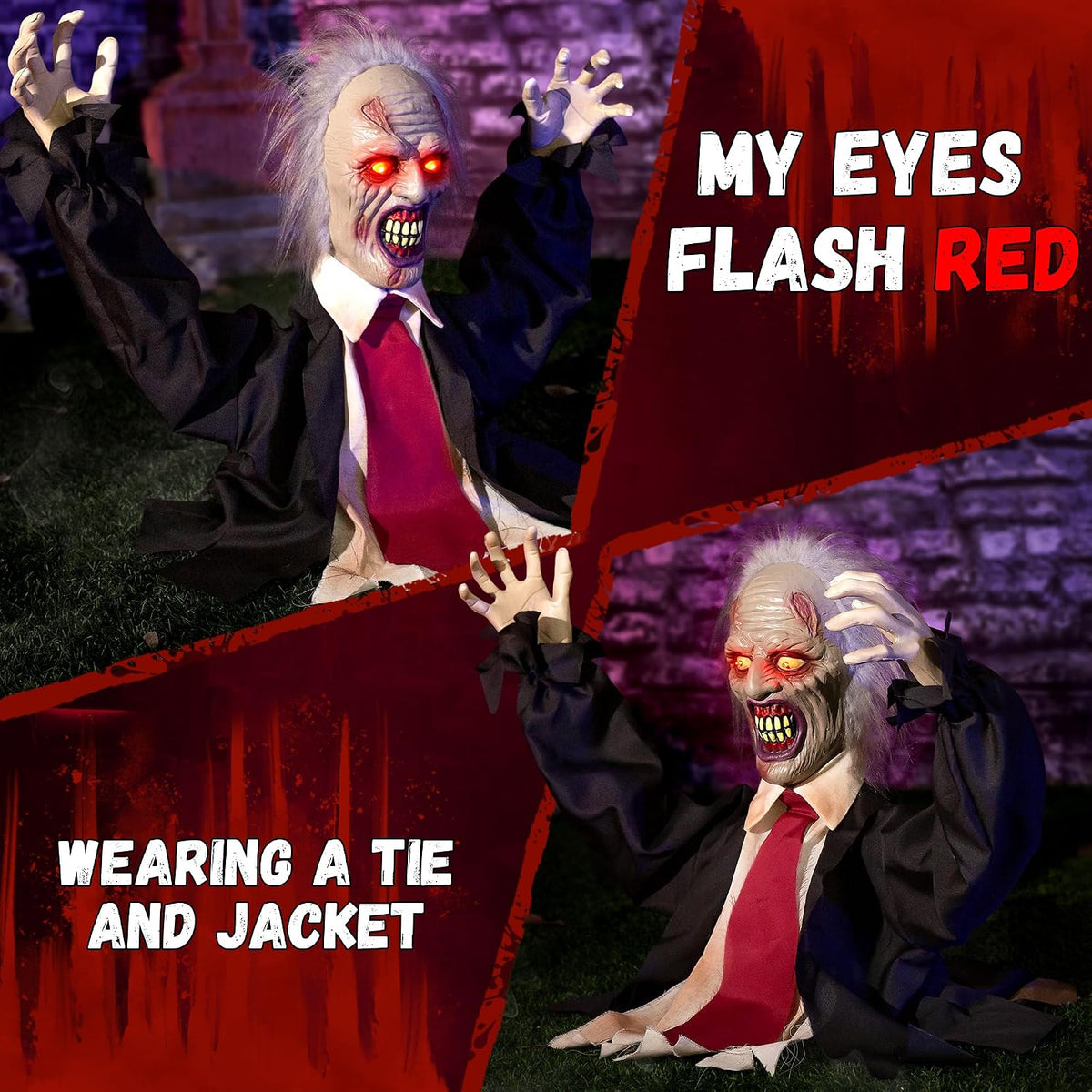 Halloween Decorations Animatronic Zombie Groundbreaker, Horror Animated Zombie Red Eyes Creepy Voice, Moving Head & Arms, Sound Activated Graveyard Porch Outdoor Haunted House Halloween Party Prop