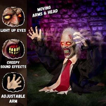 Halloween Decorations Animatronic Zombie Groundbreaker, Horror Animated Zombie Red Eyes Creepy Voice, Moving Head & Arms, Sound Activated Graveyard Porch Outdoor Haunted House Halloween Party Prop