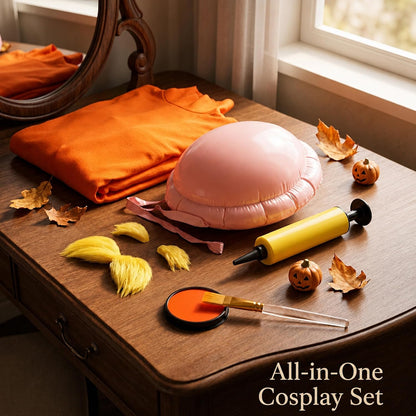 Orange Jumpsuit Halloween Costume with Inflatable Belly Yellow Mustache Eyebrows & Face Paint Cosplay Party Outfit
