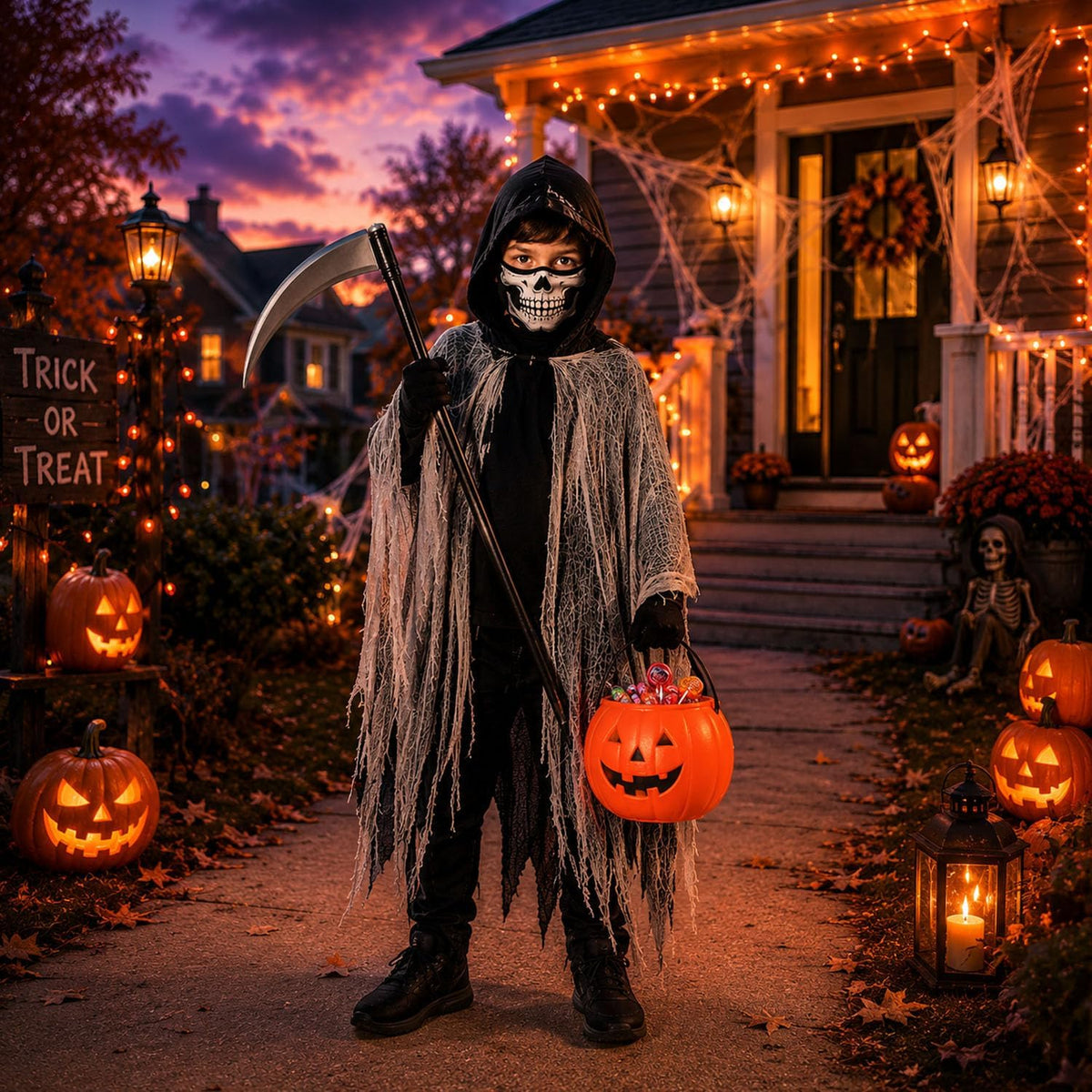 QIMYGIFT Grim Reaper Cloak Ghost Costume for Kids, Scary Horror Tattered Halloween Cape with Mask Gloves & Toy Scythe Props