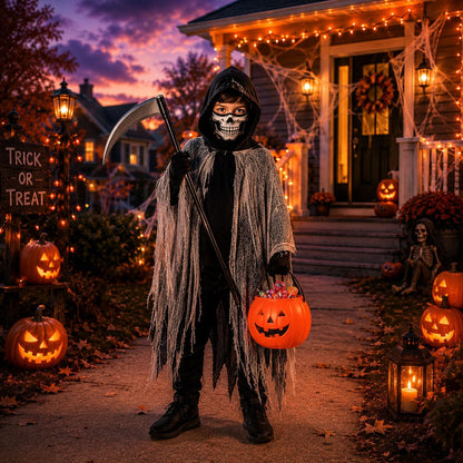 QIMYGIFT Grim Reaper Cloak Ghost Costume for Kids, Scary Horror Tattered Halloween Cape with Mask Gloves & Toy Scythe Props