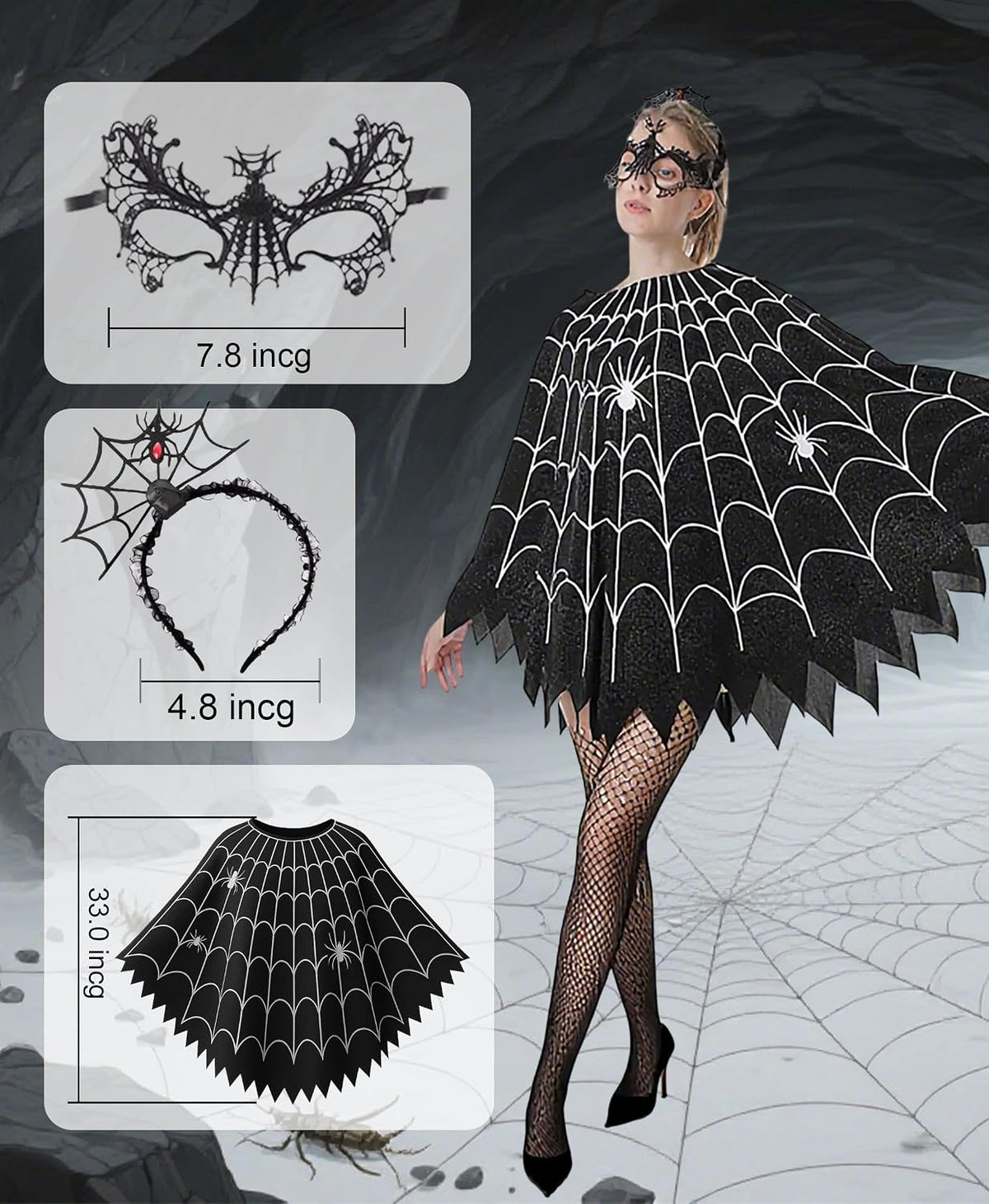 Spider Web Poncho for Women, Glow in the Dark Halloween Dress Cosplay Costume with Headband and Mask Outfit