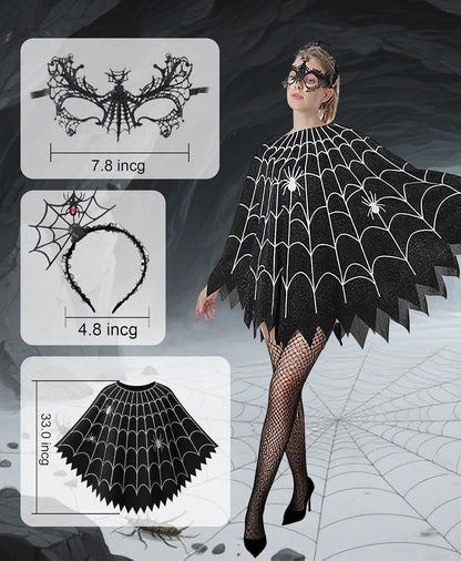 Spider Web Poncho for Women, Glow in the Dark Halloween Dress Cosplay Costume with Headband and Mask Outfit