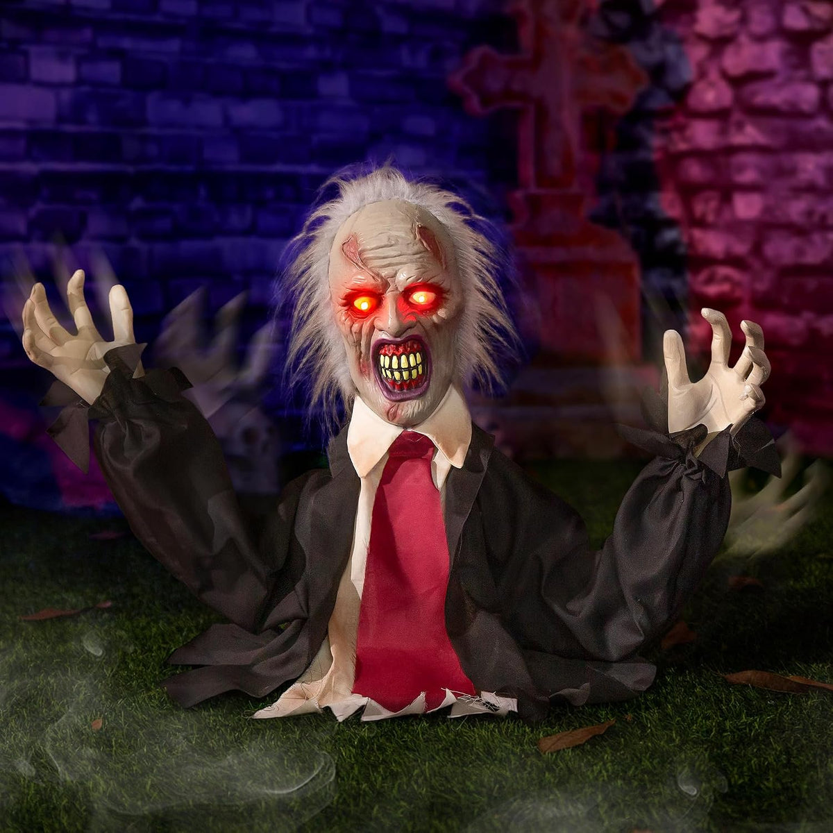 Halloween Decorations Animatronic Zombie Groundbreaker, Horror Animated Zombie Red Eyes Creepy Voice, Moving Head & Arms, Sound Activated Graveyard Porch Outdoor Haunted House Halloween Party Prop