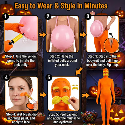 Orange Jumpsuit Halloween Costume with Inflatable Belly Yellow Mustache Eyebrows & Face Paint Cosplay Party Outfit