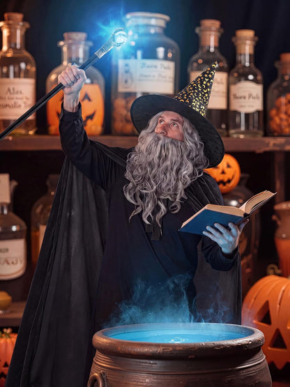 SOMSOC 5 PCS Adult Wizard Costume Set Halloween Wizard Hat Hooded Cloak Gray Wig Beard Wand Ring Cosplay Accessories for Man