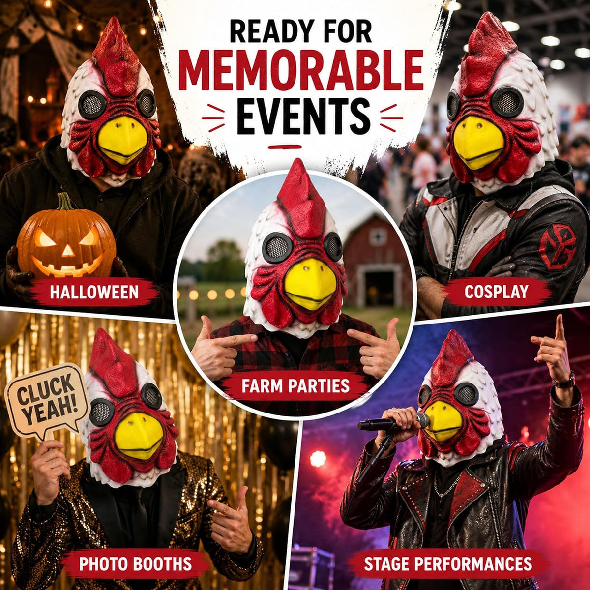 LEMOON Rooster Mask, Realistic Latex Chicken Head Costume for Adults, Red