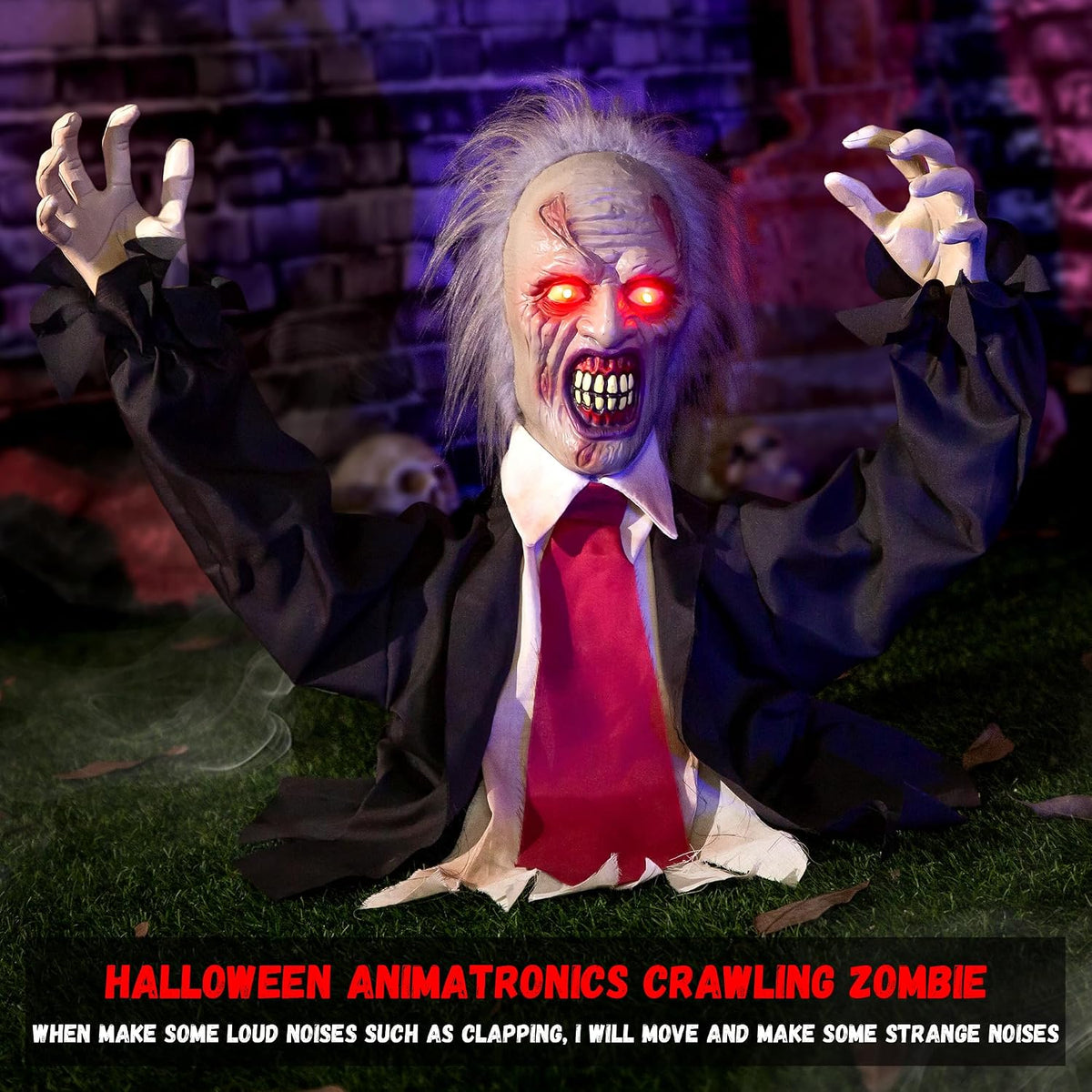Halloween Decorations Animatronic Zombie Groundbreaker, Horror Animated Zombie Red Eyes Creepy Voice, Moving Head & Arms, Sound Activated Graveyard Porch Outdoor Haunted House Halloween Party Prop