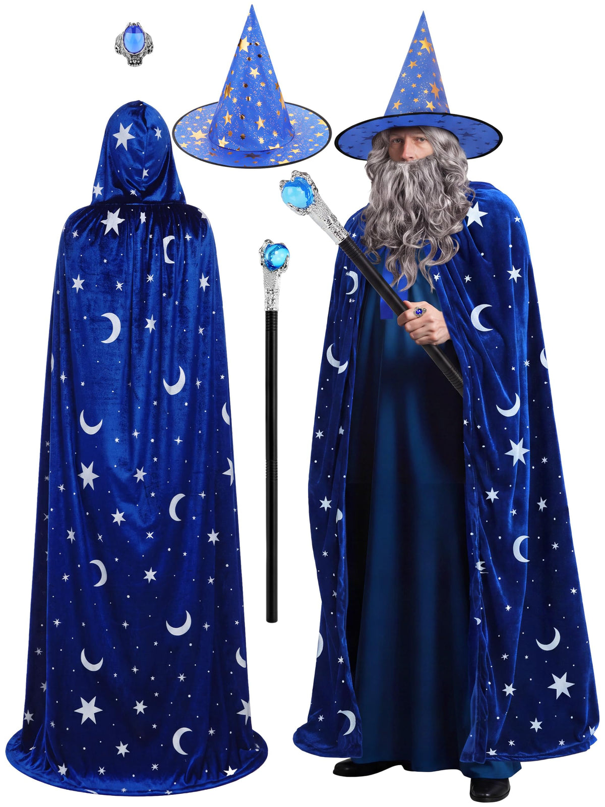 SOMSOC 5 PCS Adult Wizard Costume Set Halloween Wizard Hat Hooded Cloak Gray Wig Beard Wand Ring Cosplay Accessories for Man