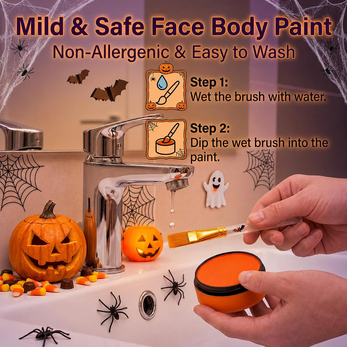 Orange Jumpsuit Halloween Costume with Inflatable Belly Yellow Mustache Eyebrows & Face Paint Cosplay Party Outfit