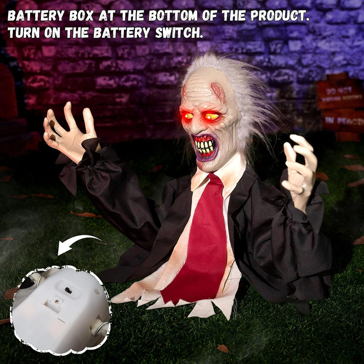 Halloween Decorations Animatronic Zombie Groundbreaker, Horror Animated Zombie Red Eyes Creepy Voice, Moving Head & Arms, Sound Activated Graveyard Porch Outdoor Haunted House Halloween Party Prop