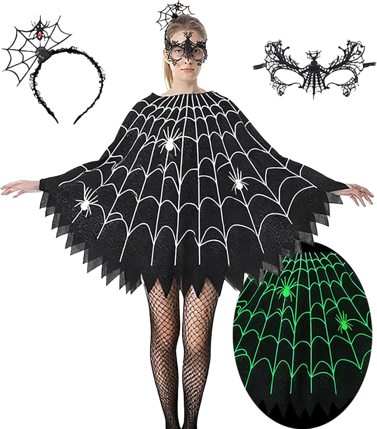 Spider Web Poncho for Women, Glow in the Dark Halloween Dress Cosplay Costume with Headband and Mask Outfit
