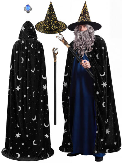 SOMSOC 5 PCS Adult Wizard Costume Set Halloween Wizard Hat Hooded Cloak Gray Wig Beard Wand Ring Cosplay Accessories for Man
