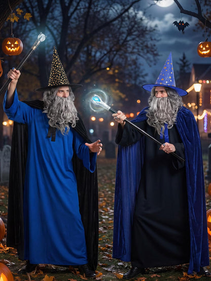 SOMSOC 5 PCS Adult Wizard Costume Set Halloween Wizard Hat Hooded Cloak Gray Wig Beard Wand Ring Cosplay Accessories for Man