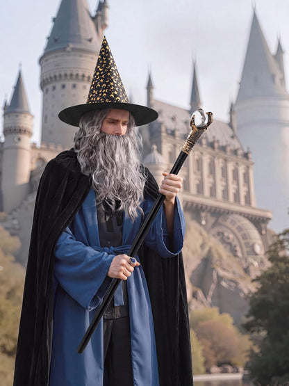 SOMSOC 5 PCS Adult Wizard Costume Set Halloween Wizard Hat Hooded Cloak Gray Wig Beard Wand Ring Cosplay Accessories for Man
