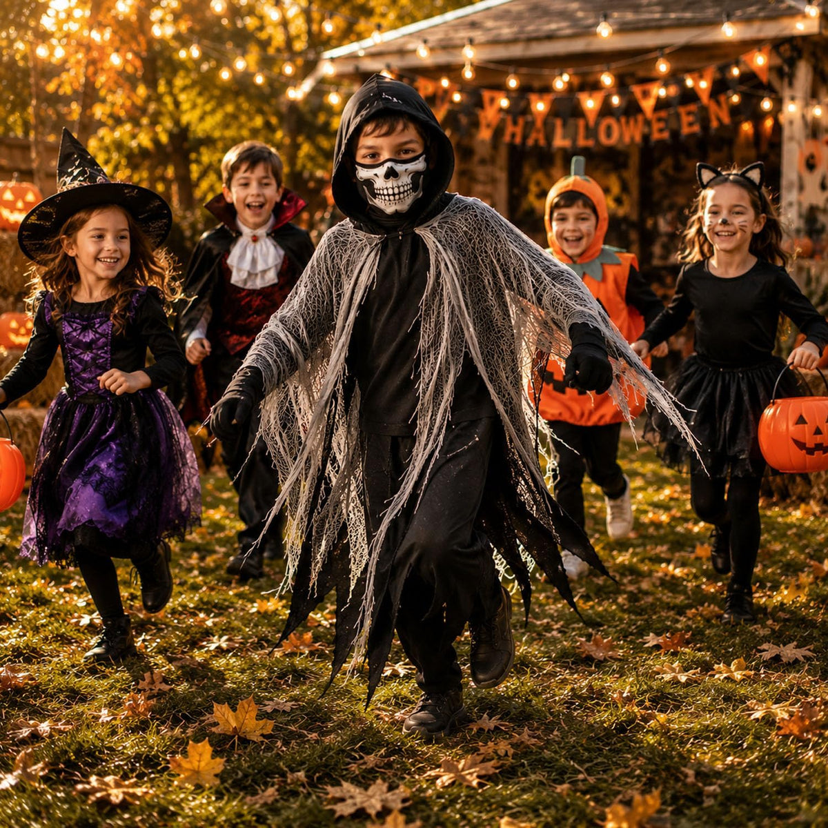 QIMYGIFT Grim Reaper Cloak Ghost Costume for Kids, Scary Horror Tattered Halloween Cape with Mask Gloves & Toy Scythe Props