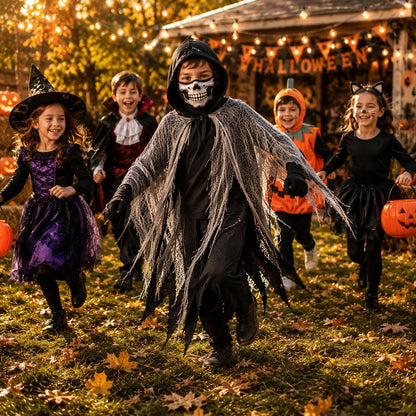 QIMYGIFT Grim Reaper Cloak Ghost Costume for Kids, Scary Horror Tattered Halloween Cape with Mask Gloves & Toy Scythe Props